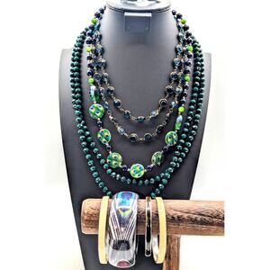 Lot of Blue Green Peacock Glass Czech Shell Crystal 3 Necklaces & 4 Bracelets